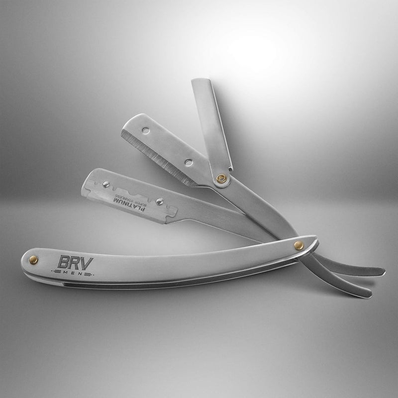 BRV MEN Professional Straight Edge Barber Razor w/ 100 Single Edge Razor Blades | Straight Razors for Men | Barbershop Accessories | Mens Shaving Knife & Shavette - Silver - Image 3